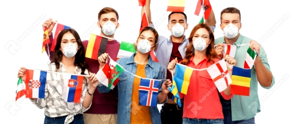 health, safety and pandemic concept - group of people wearing face protective mask or respirators for protection from virus disease with flags of different countries on string over white background
