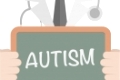minimalistic illustration of a doctor holding a blackboard with Autism text, eps10 vector