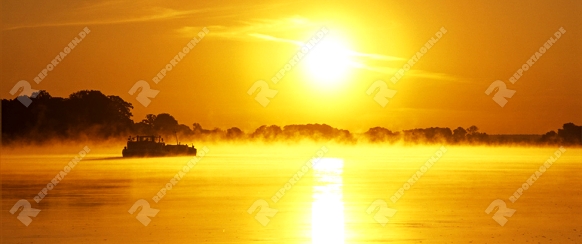 Sonnenaufgang über der Elbe mit Morgennebel und Frachtschiff