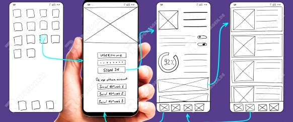 UI development. Male hand holding smartphone with wireframed user interface screen prototypes of a mobile application on ultra violet background.